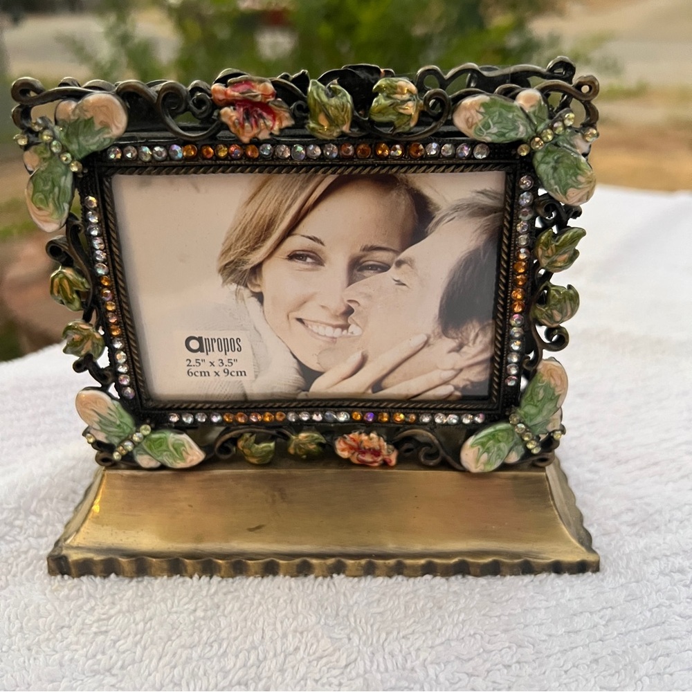 Vintage Apropos 2 side Picture Frame Enamel Butterfly Floral Leaf Bejeweled